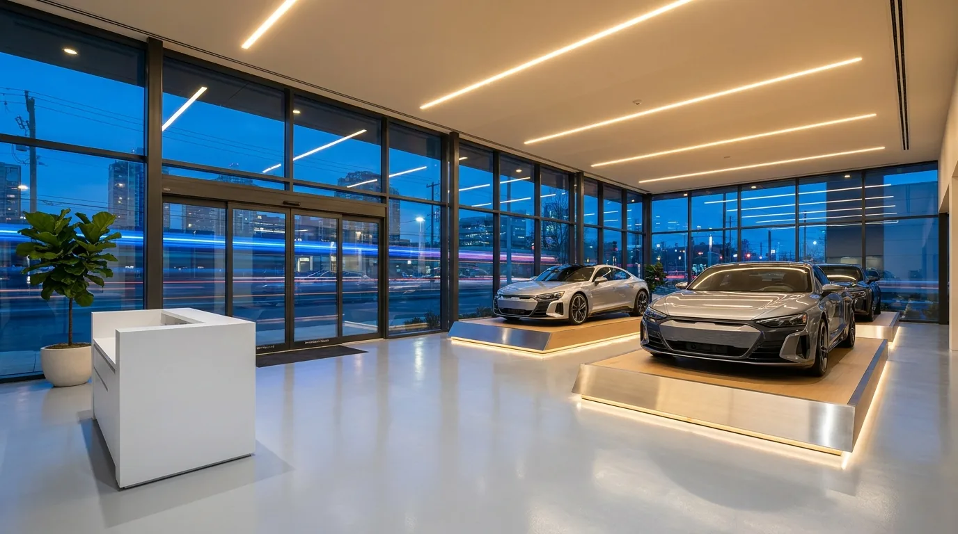 Interior del showroom de CASA MOTOR al atardecer con tres vehículos en exhibición